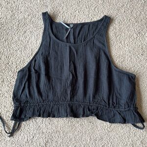 By Anthropologie Smocked Tie Waist Crop Gauzy Cotton Tank Top Faded Black